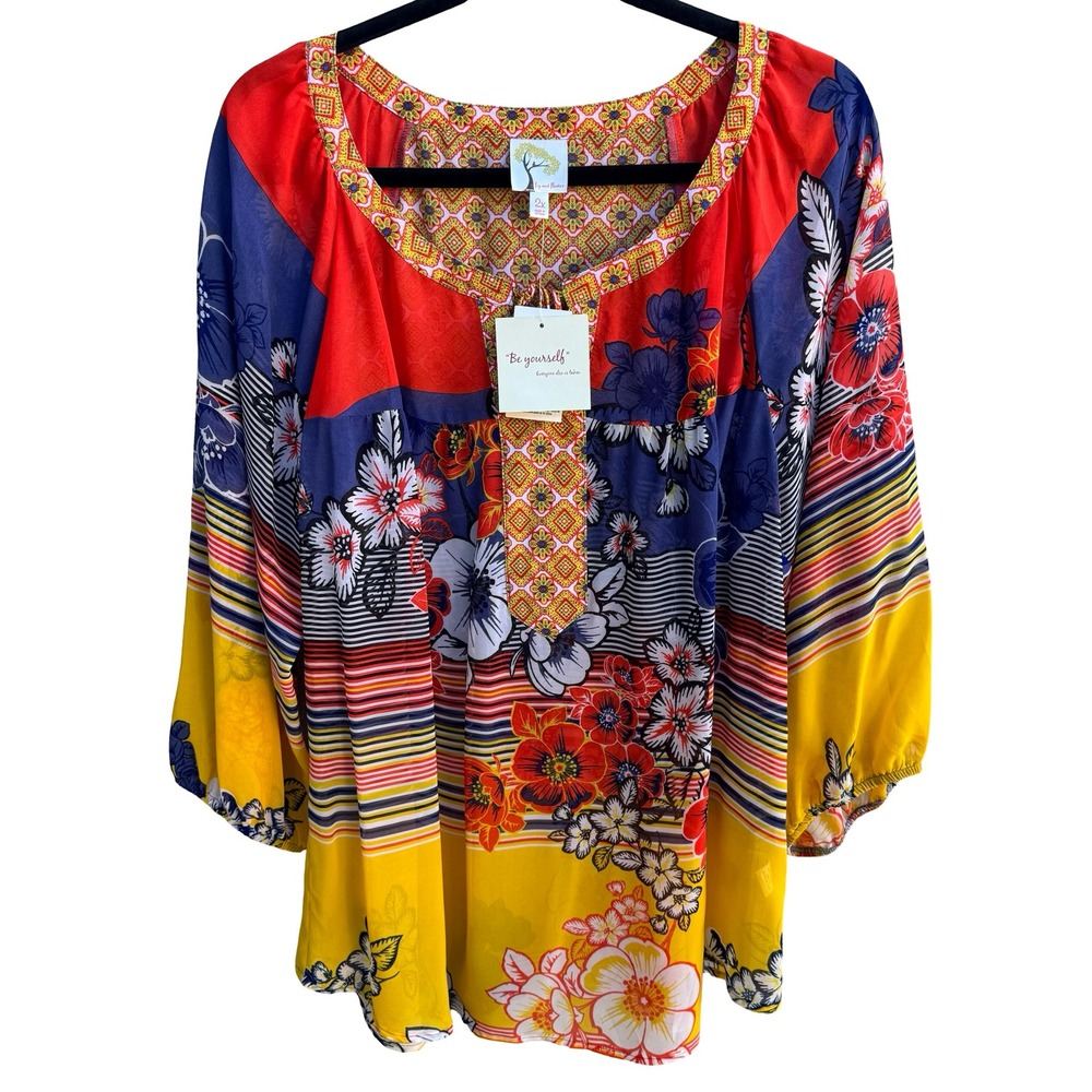 Fig and Flower Boho Maximalist Floral Geometric Print Boho Blouse Yellow 2X NWT